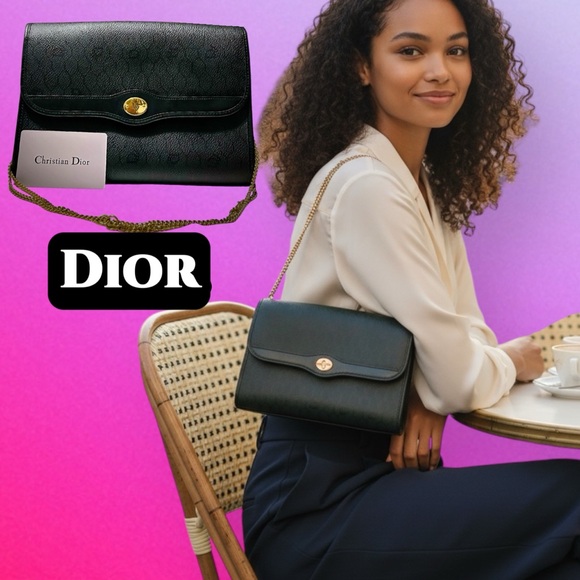 Dior Handbags - Authentic vintage Christian Dior Black Leather shoulder bag with Gold Accents
